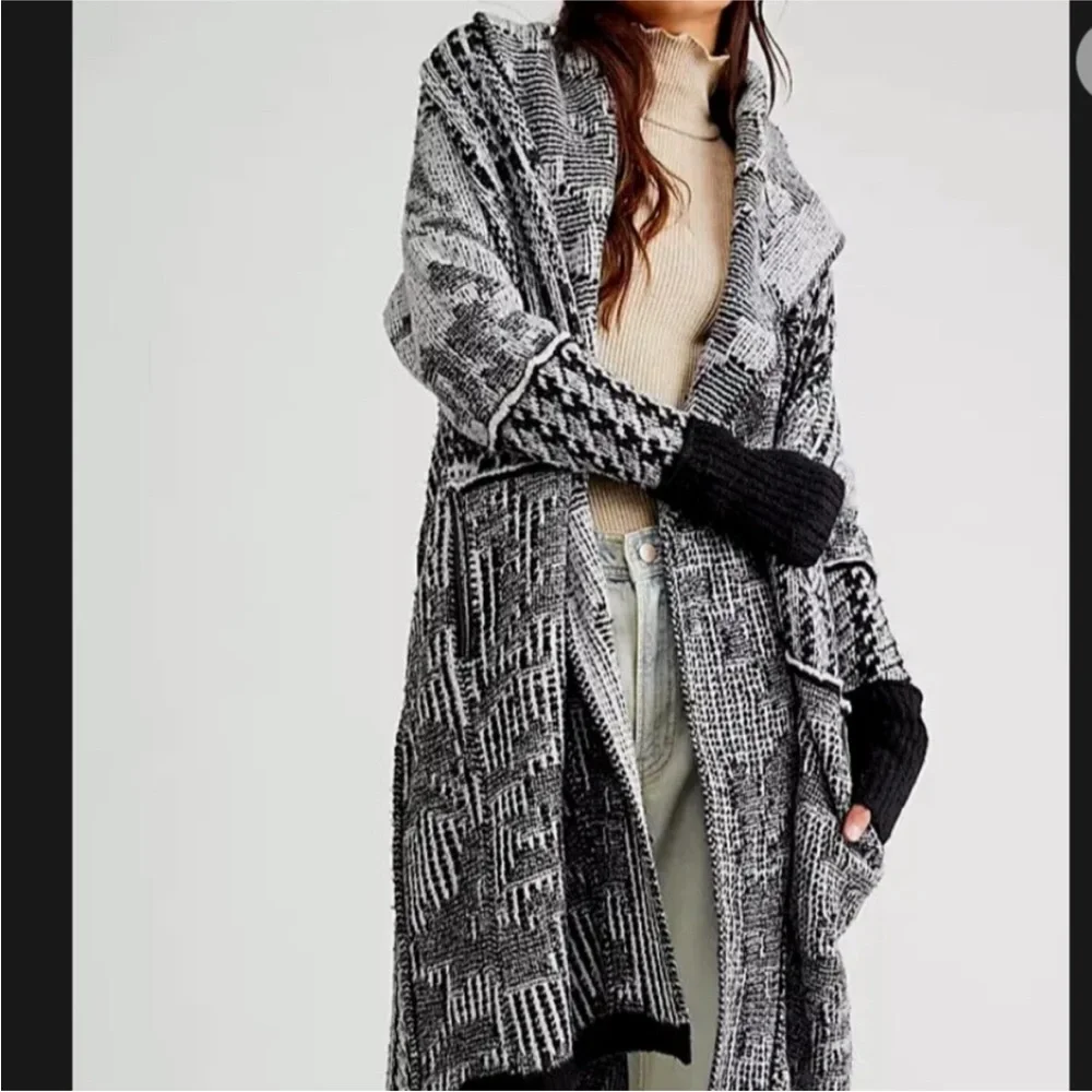 Free people mixed knit maxi cardigan sweater Harlow black white size small - Picture 3 of 11